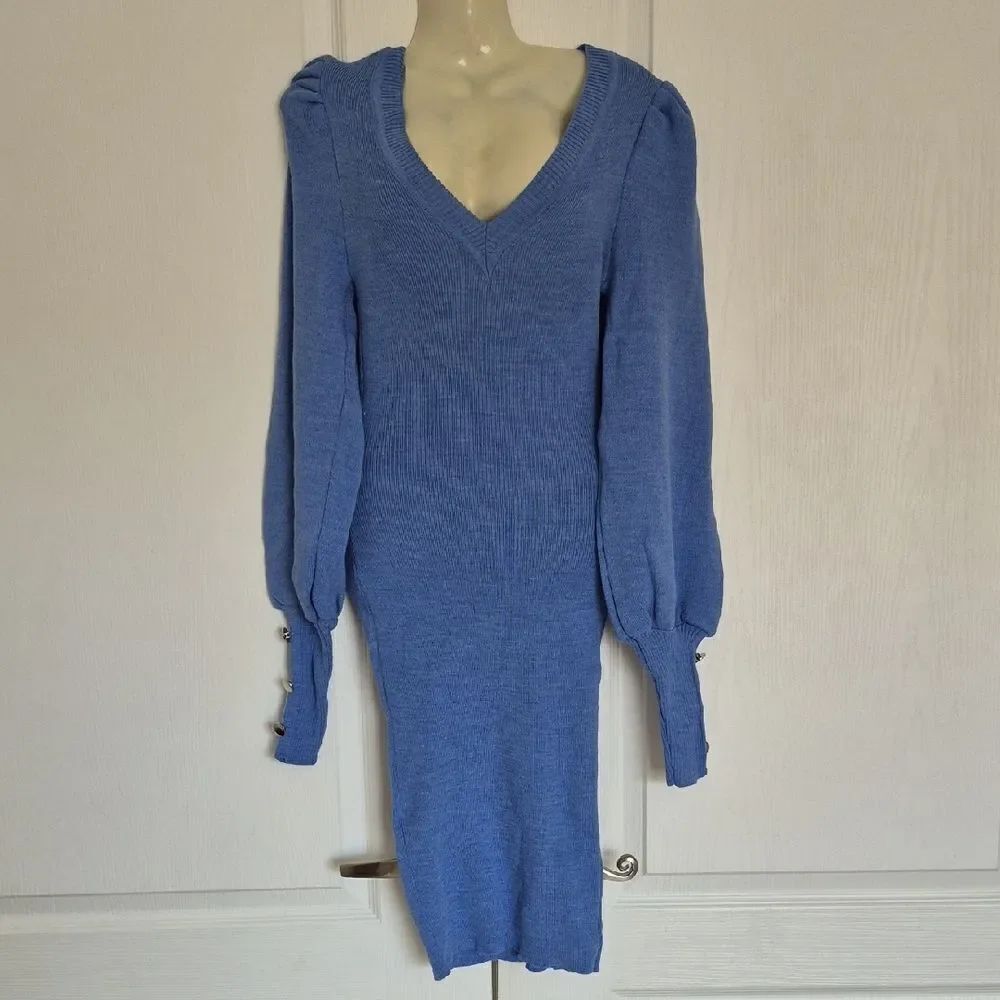 Chic Long Sleeve Sweater Blue Dress